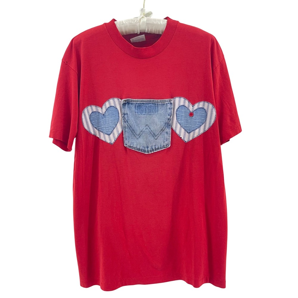 Vintage Single Stitch Hanes T-Shirt L Red Wrangler Heart Patch Patriotic USA